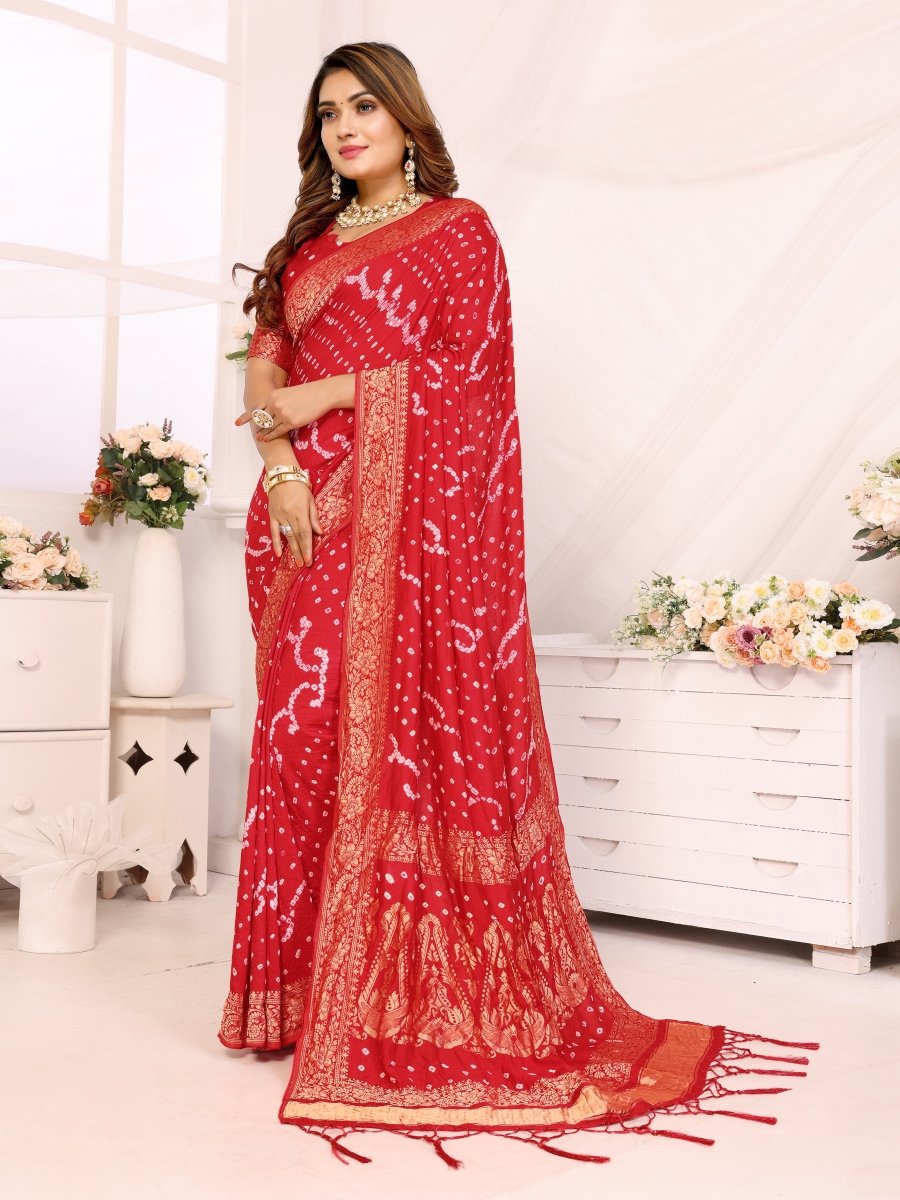 Red Jacquard Zari Bandhani Saree with Shimmering Floral & Paisley Patterns - CLOHI