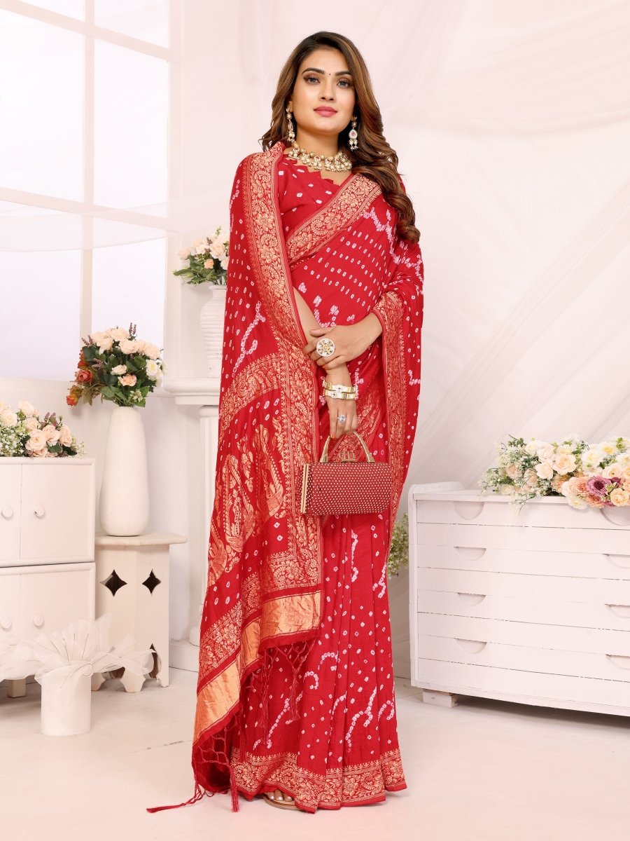 Red Jacquard Zari Bandhani Saree with Shimmering Floral & Paisley Patterns - CLOHI