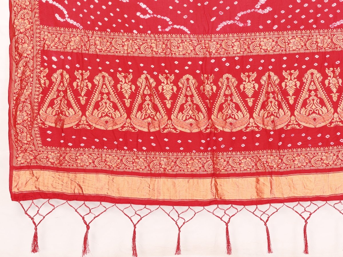Red Jacquard Zari Bandhani Saree with Shimmering Floral & Paisley Patterns - CLOHI