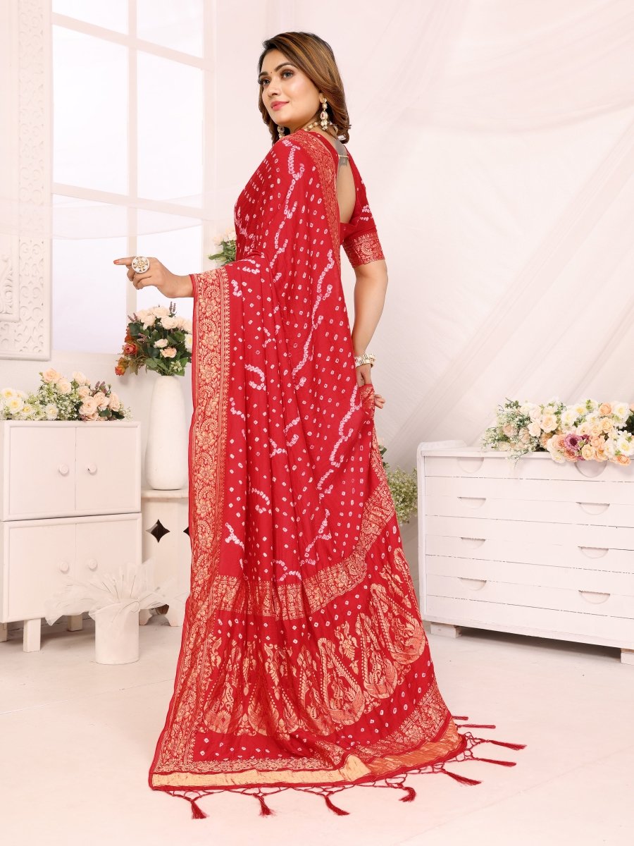 Red Jacquard Zari Bandhani Saree with Shimmering Floral & Paisley Patterns - CLOHI