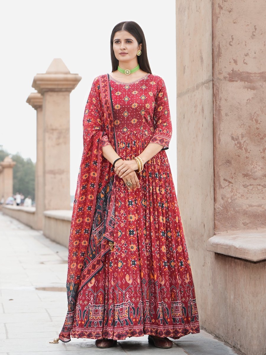 Red Patola Chinon Anarkali Gown with Printed Dupatta - CLOHI