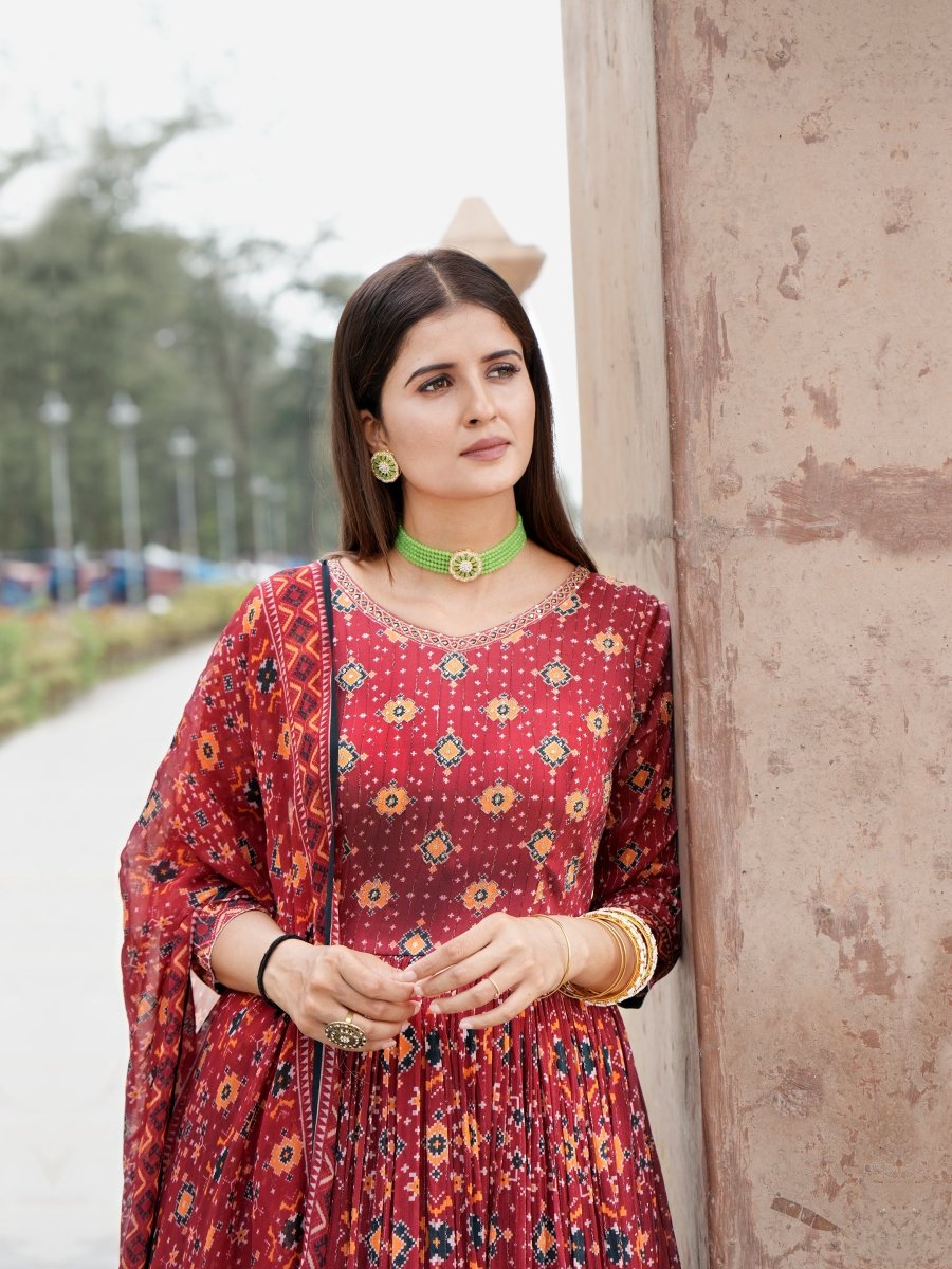 Red Patola Chinon Anarkali Gown with Printed Dupatta - CLOHI