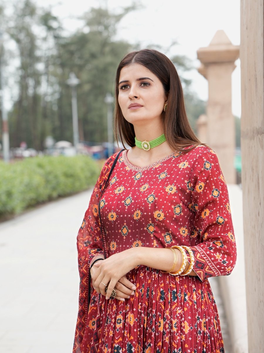 Red Patola Chinon Anarkali Gown with Printed Dupatta - CLOHI