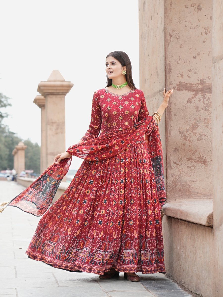 Red Patola Chinon Anarkali Gown with Printed Dupatta - CLOHI