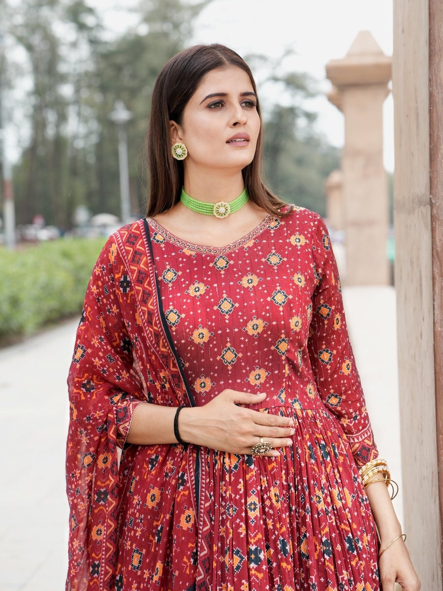 Red Patola Chinon Anarkali Gown with Printed Dupatta - CLOHI