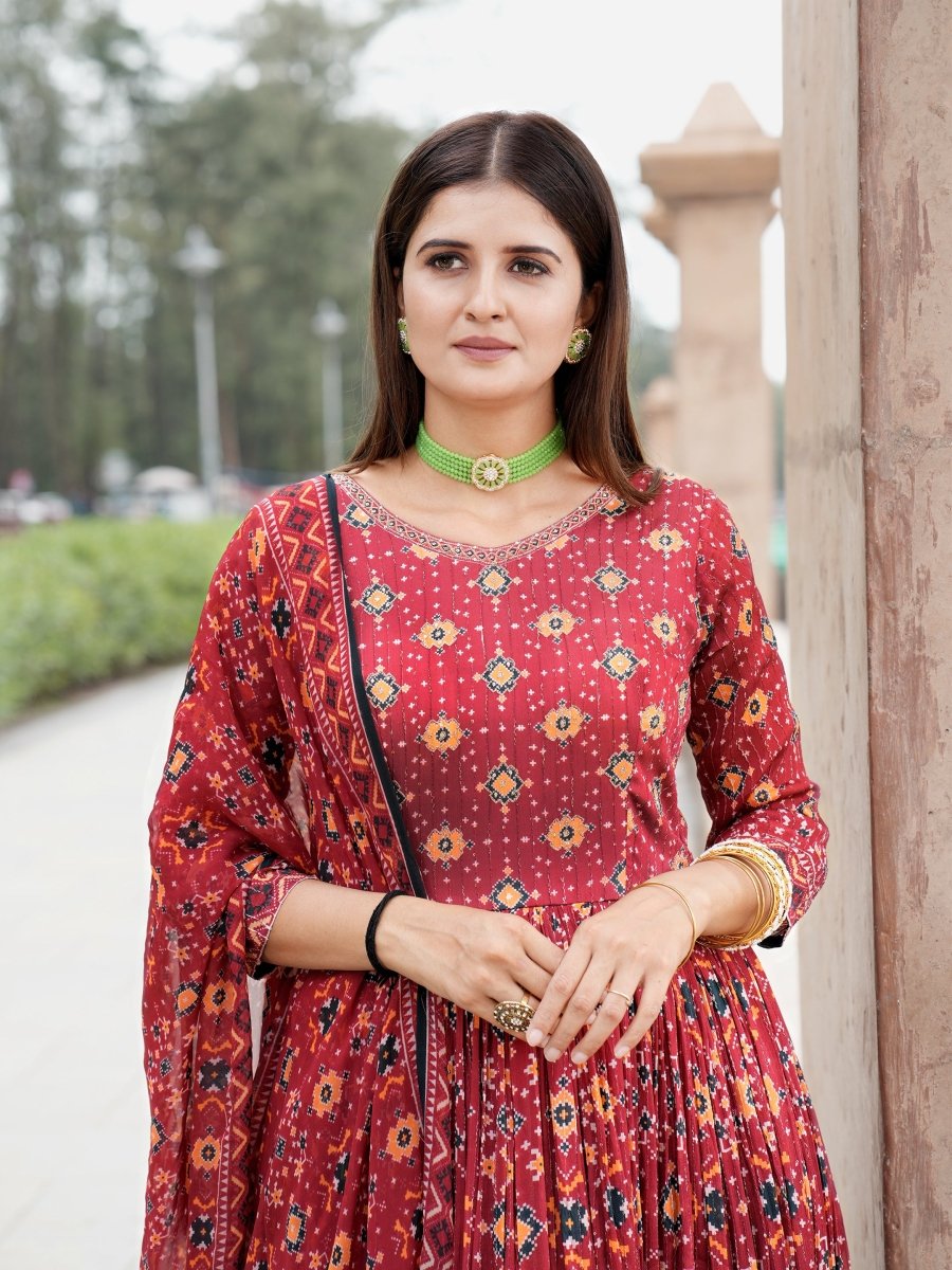 Red Patola Chinon Anarkali Gown with Printed Dupatta - CLOHI