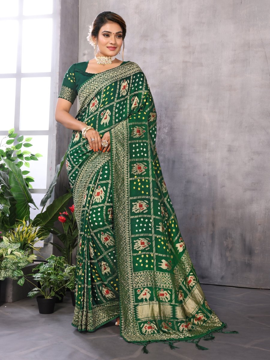 Regal Green Bandhani Saree with Patola Elephant & Parrot Ikat Motifs - CLOHI