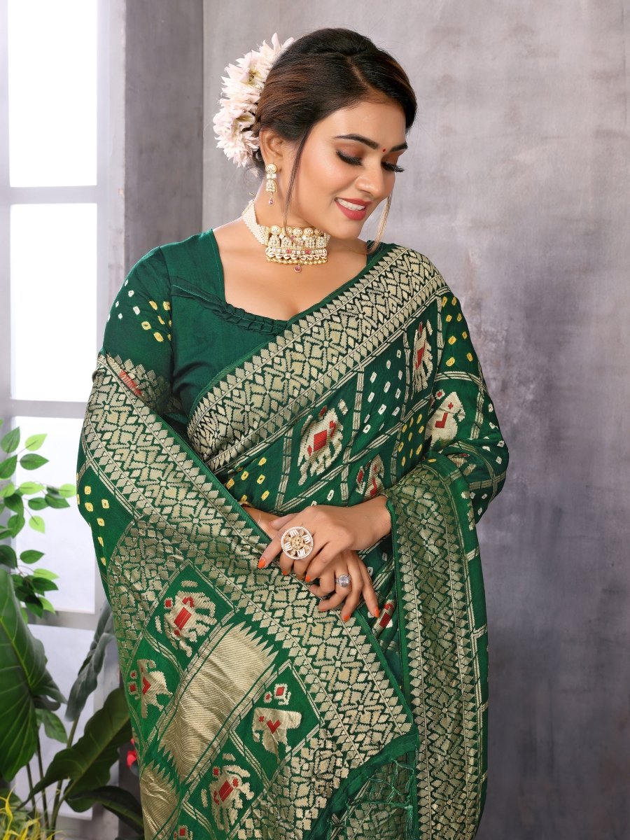 Regal Green Bandhani Saree with Patola Elephant & Parrot Ikat Motifs - CLOHI