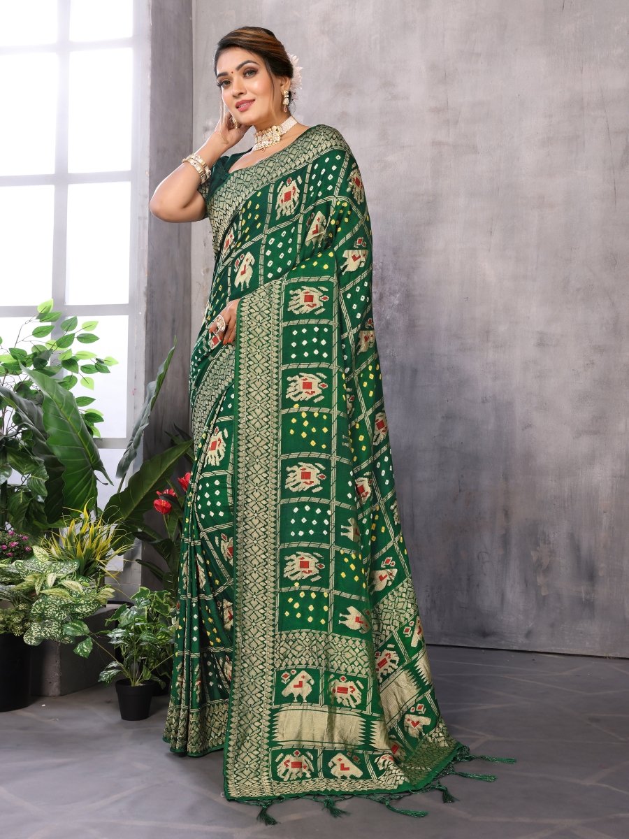 Regal Green Bandhani Saree with Patola Elephant & Parrot Ikat Motifs - CLOHI