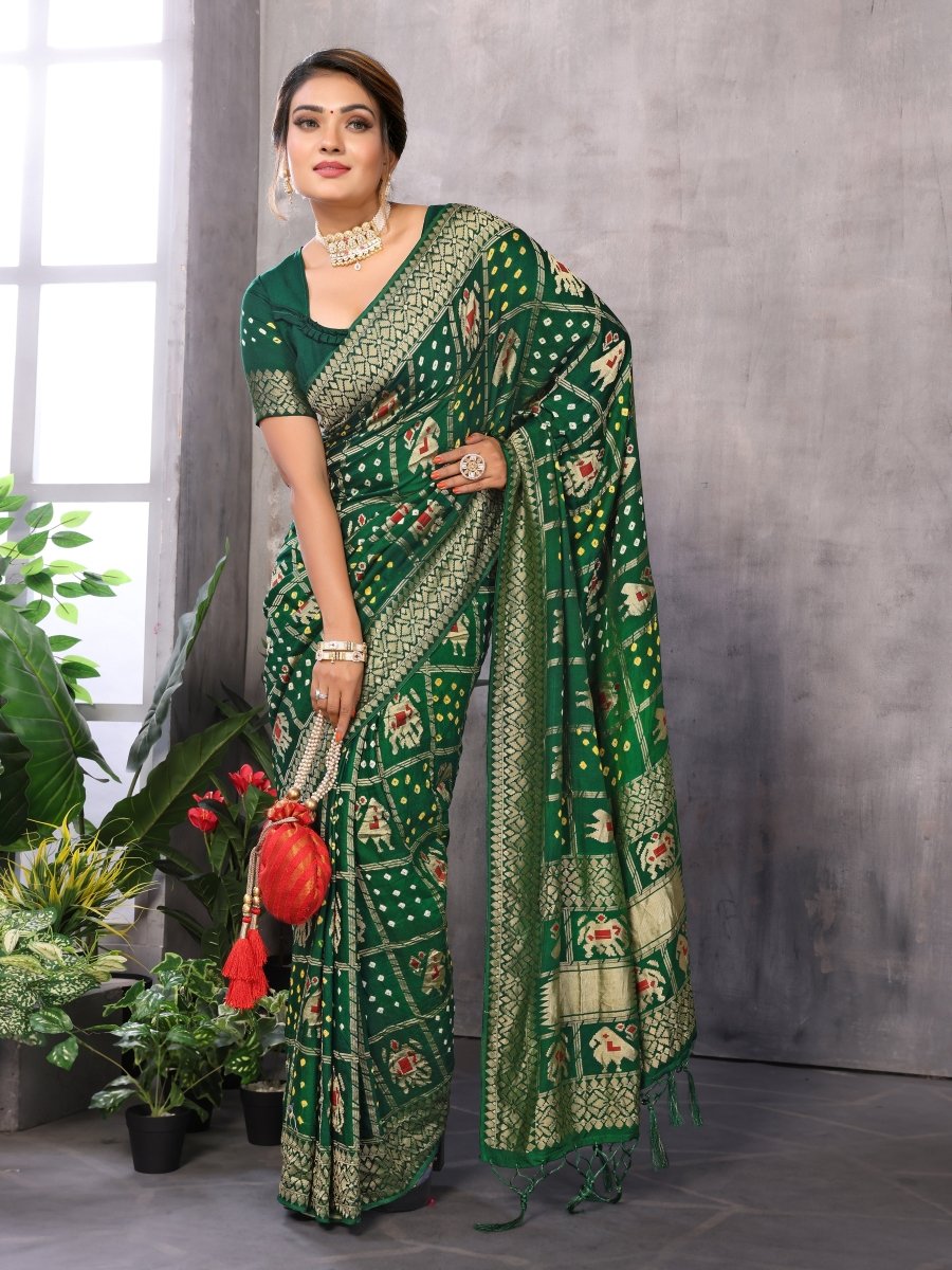 Regal Green Bandhani Saree with Patola Elephant & Parrot Ikat Motifs - CLOHI
