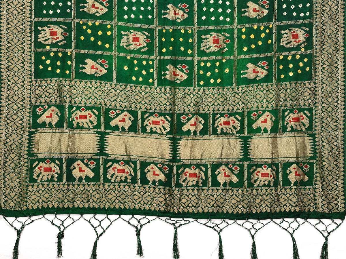 Regal Green Bandhani Saree with Patola Elephant & Parrot Ikat Motifs - CLOHI