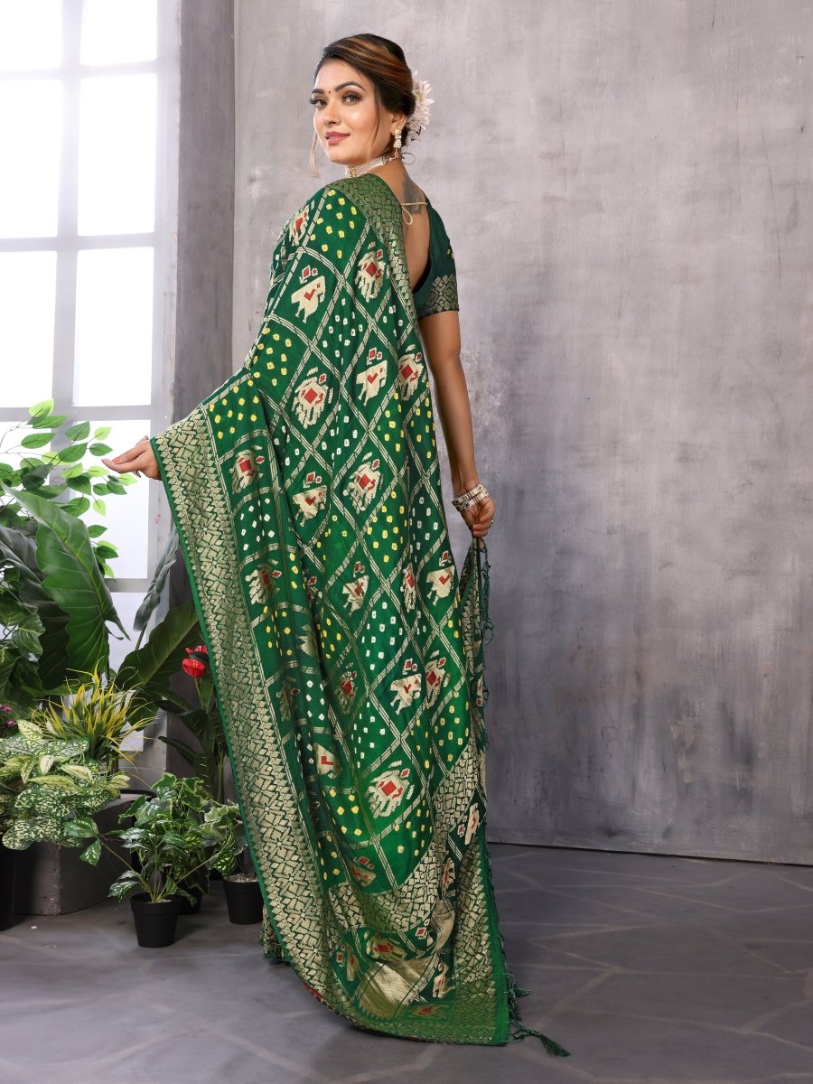 Regal Green Bandhani Saree with Patola Elephant & Parrot Ikat Motifs - CLOHI