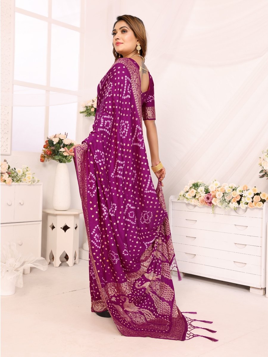 Regal Purple Bandhani Saree with Zari Peacock Motifs & Blouse - CLOHI