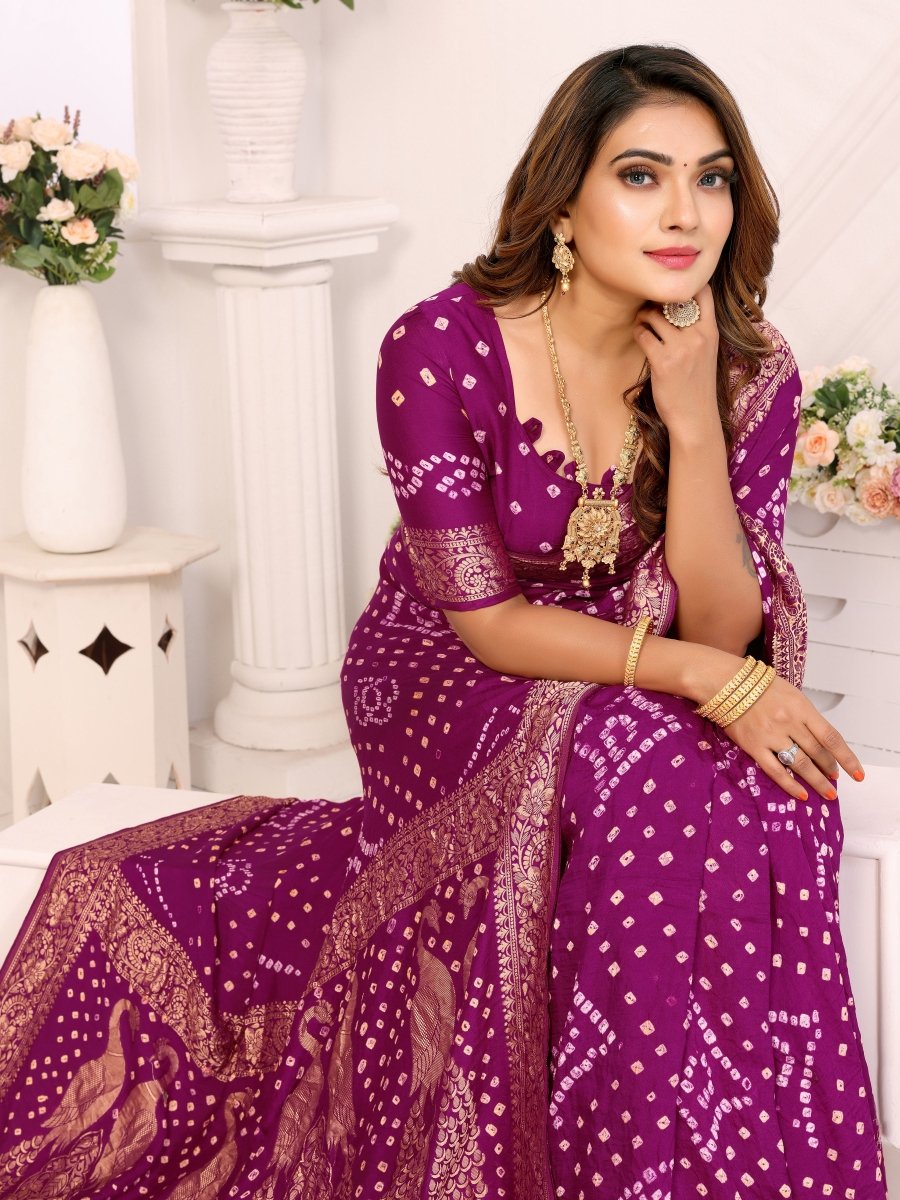 Regal Purple Bandhani Saree with Zari Peacock Motifs & Blouse - CLOHI