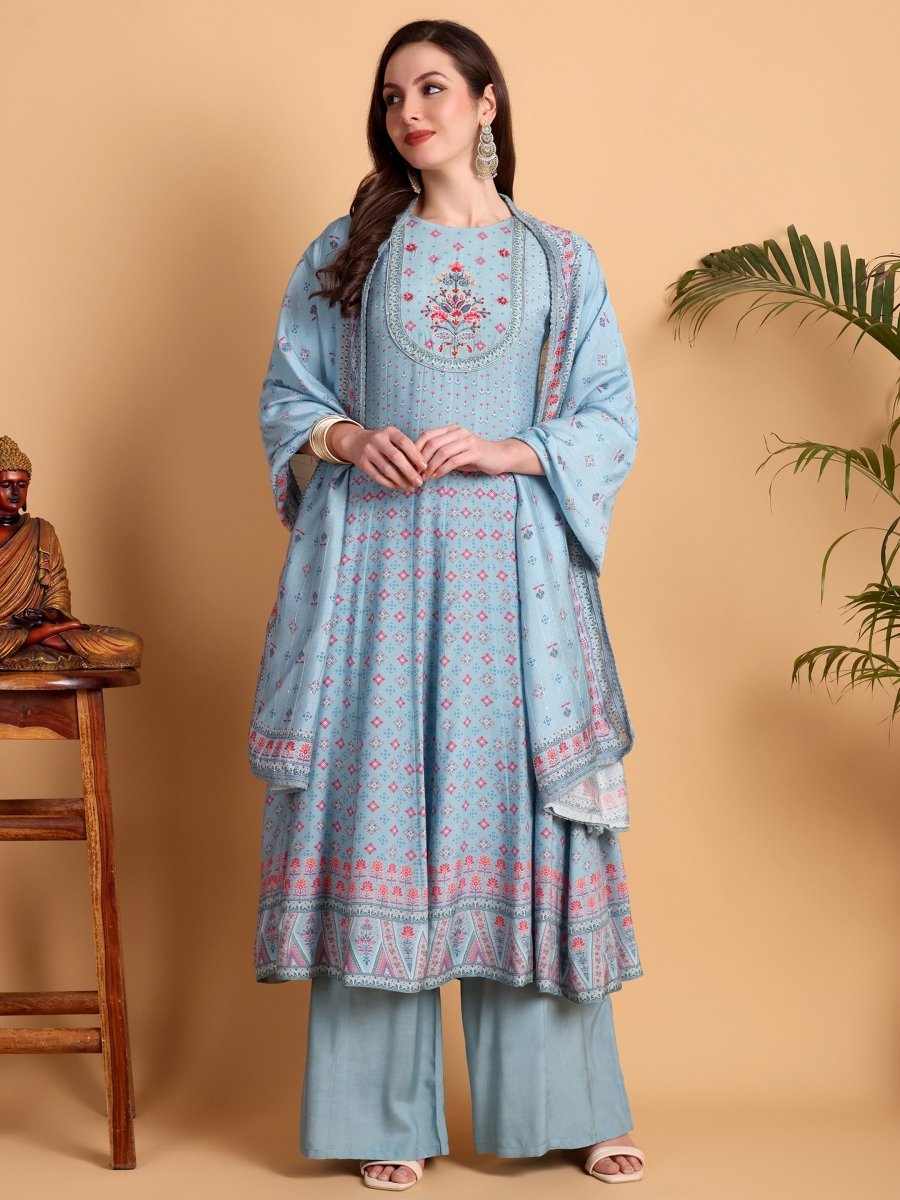 Regent Grey Hand Embroidered Anarkali Set - CLOHI