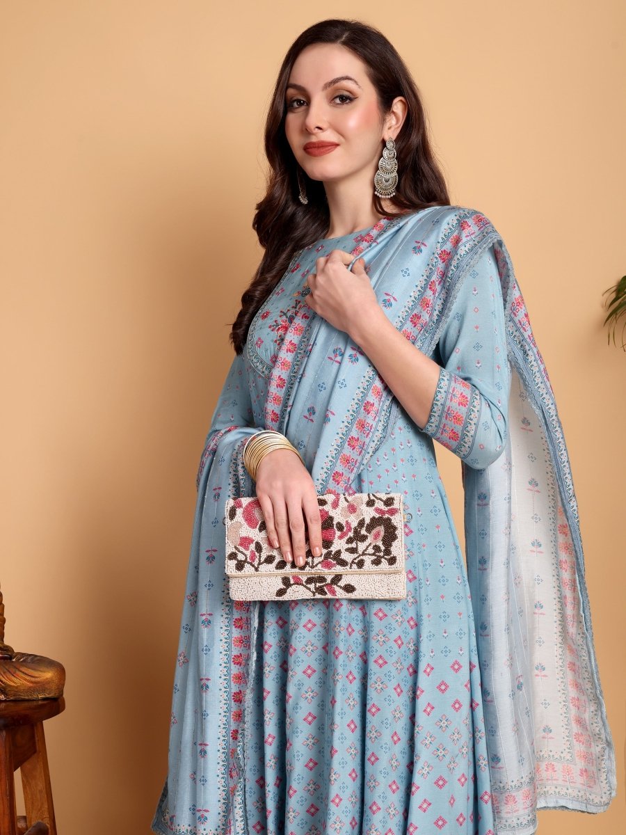 Regent Grey Hand Embroidered Anarkali Set - CLOHI