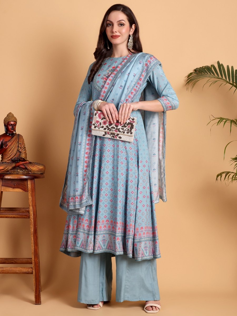 Regent Grey Hand Embroidered Anarkali Set - CLOHI