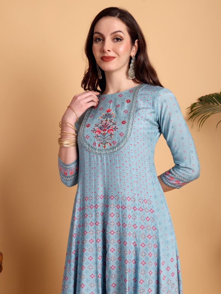 Regent Grey Hand Embroidered Anarkali Set - CLOHI