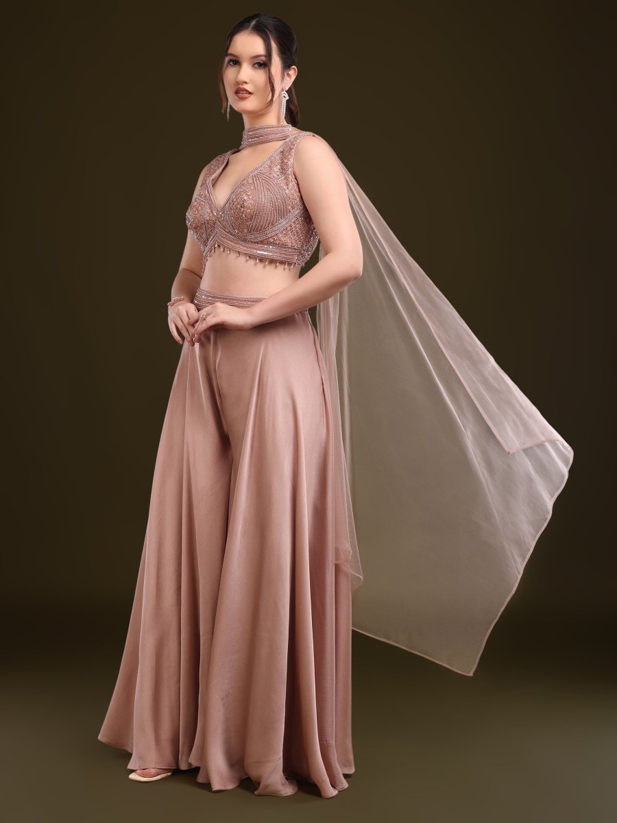 Rose Gold Embroidered Palazzo Set with Net Cape - CLOHI