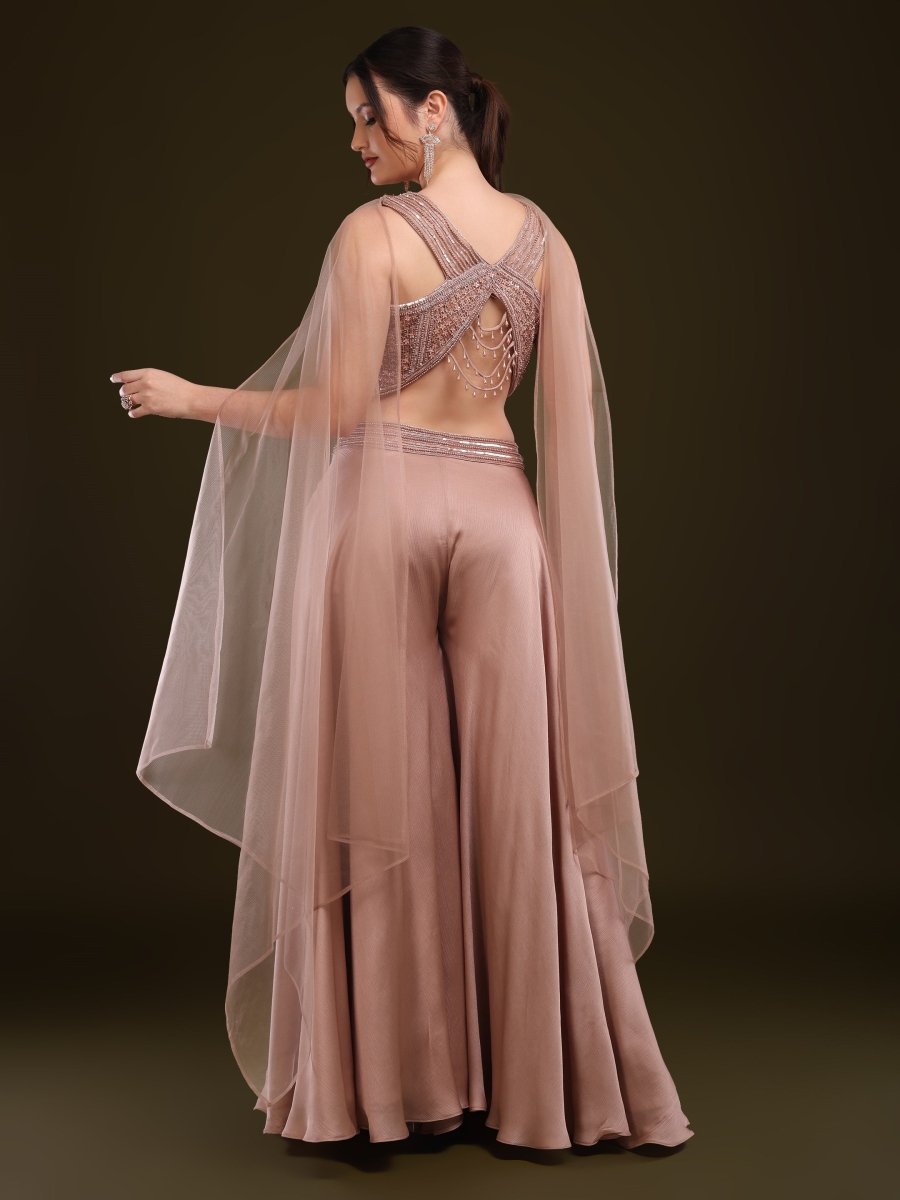 Rose Gold Embroidered Palazzo Set with Net Cape - CLOHI