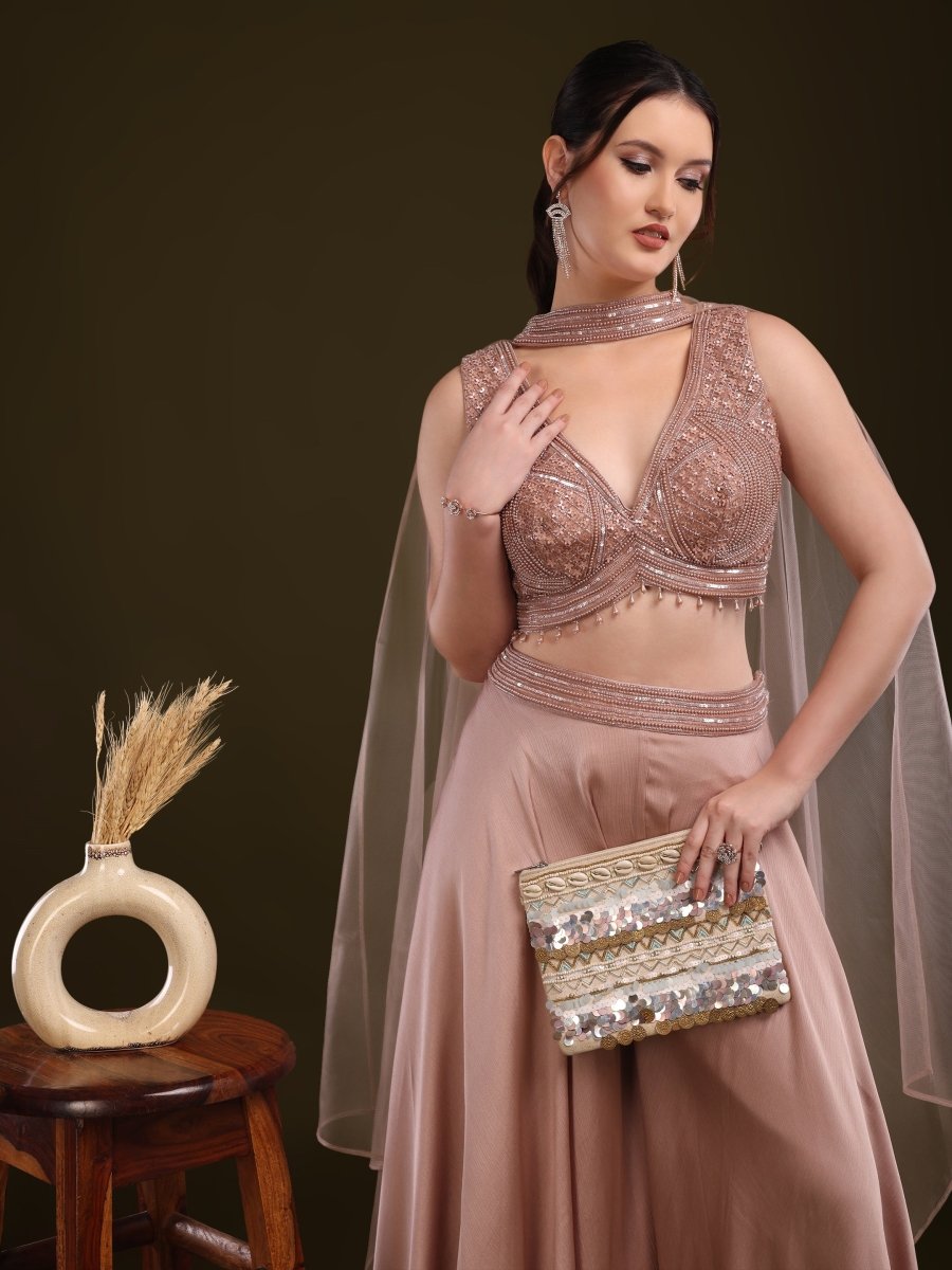 Rose Gold Embroidered Palazzo Set with Net Cape - CLOHI