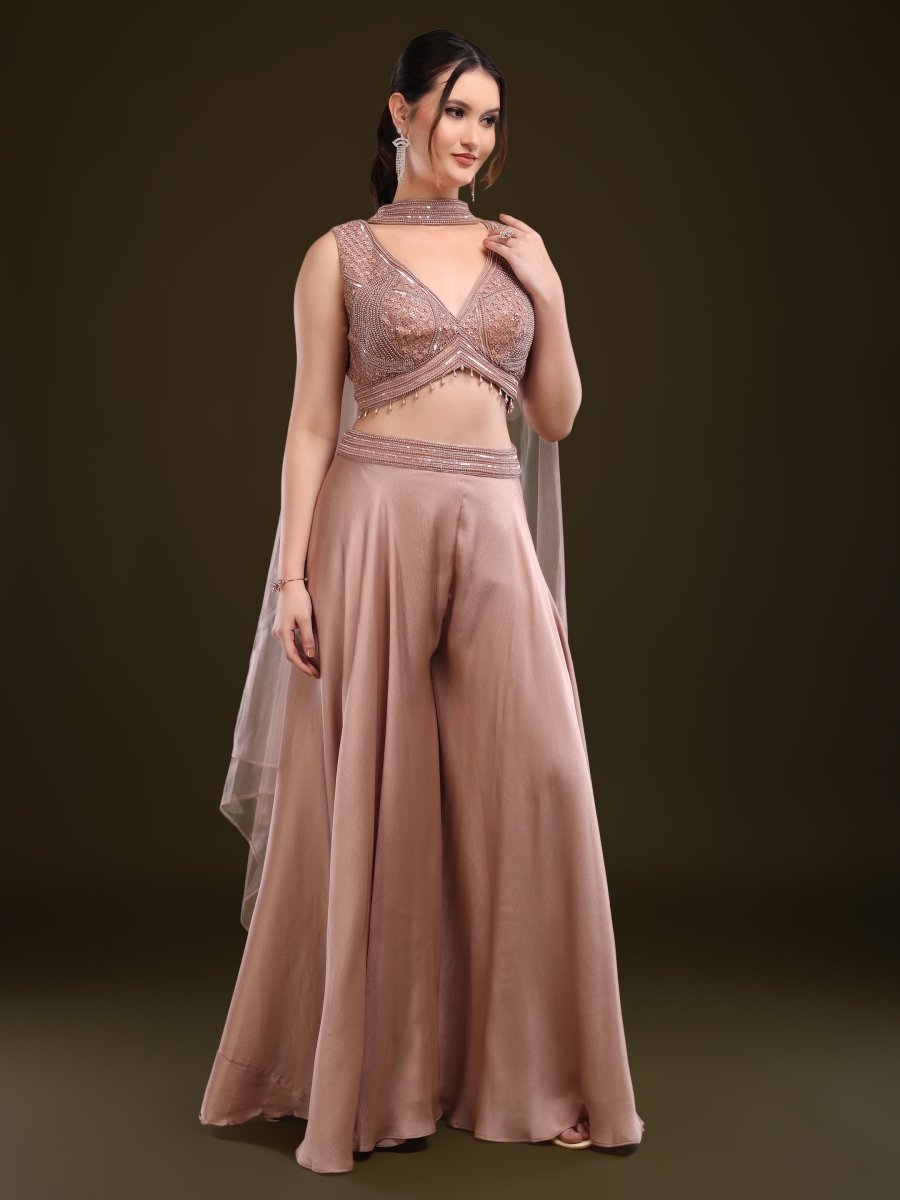 Rose Gold Embroidered Palazzo Set with Net Cape - CLOHI
