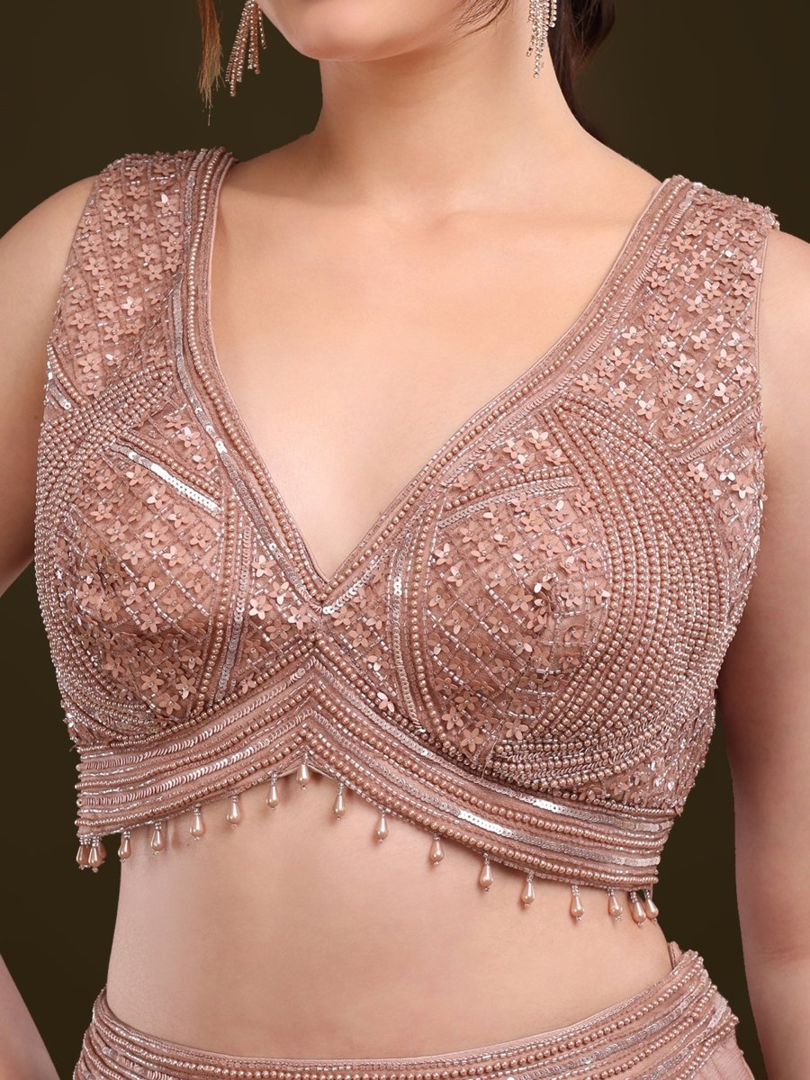 Rose Gold Embroidered Palazzo Set with Net Cape - CLOHI