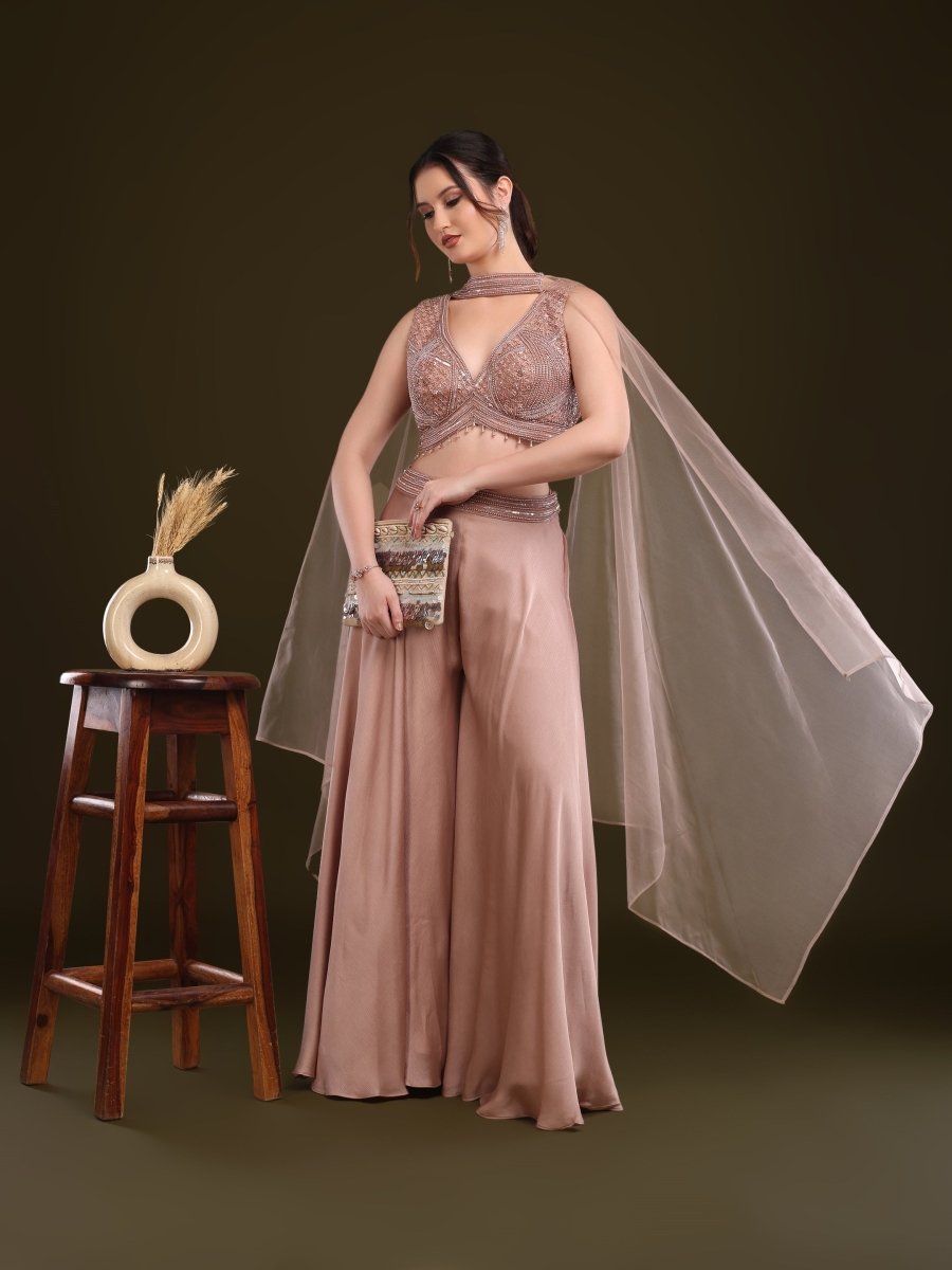 Rose Gold Embroidered Palazzo Set with Net Cape - CLOHI