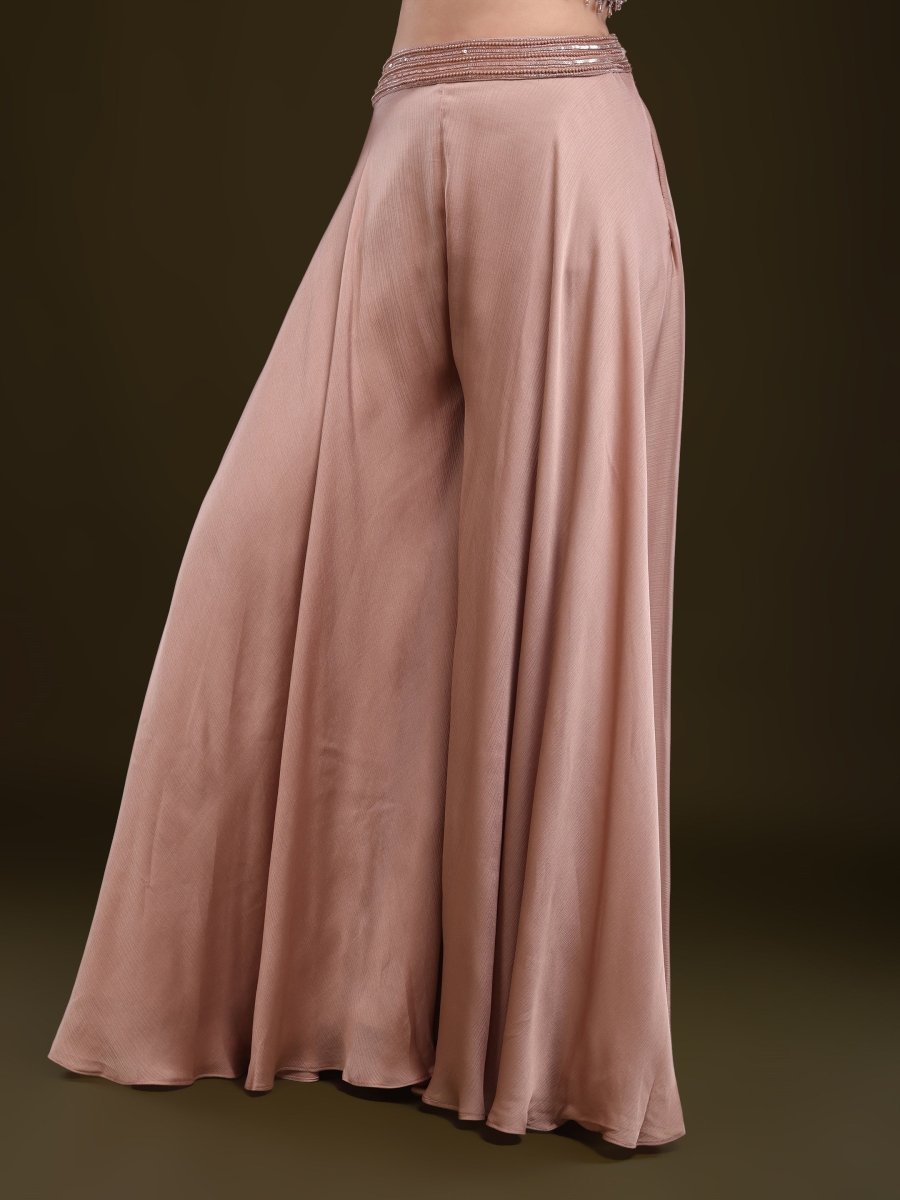 Rose Gold Embroidered Palazzo Set with Net Cape - CLOHI