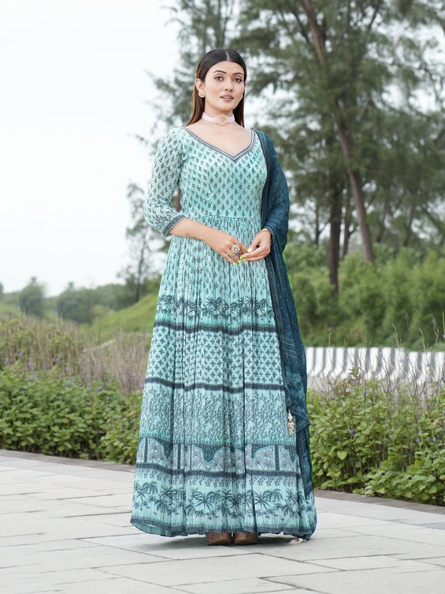 Sky Blue Chinon Anarkali Gown with Dark Blue Dupatta - CLOHI