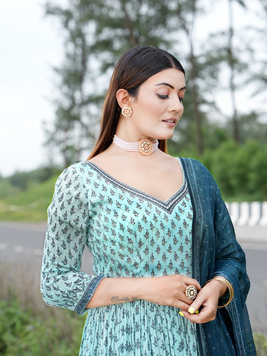 Sky Blue Chinon Anarkali Gown with Dark Blue Dupatta - CLOHI