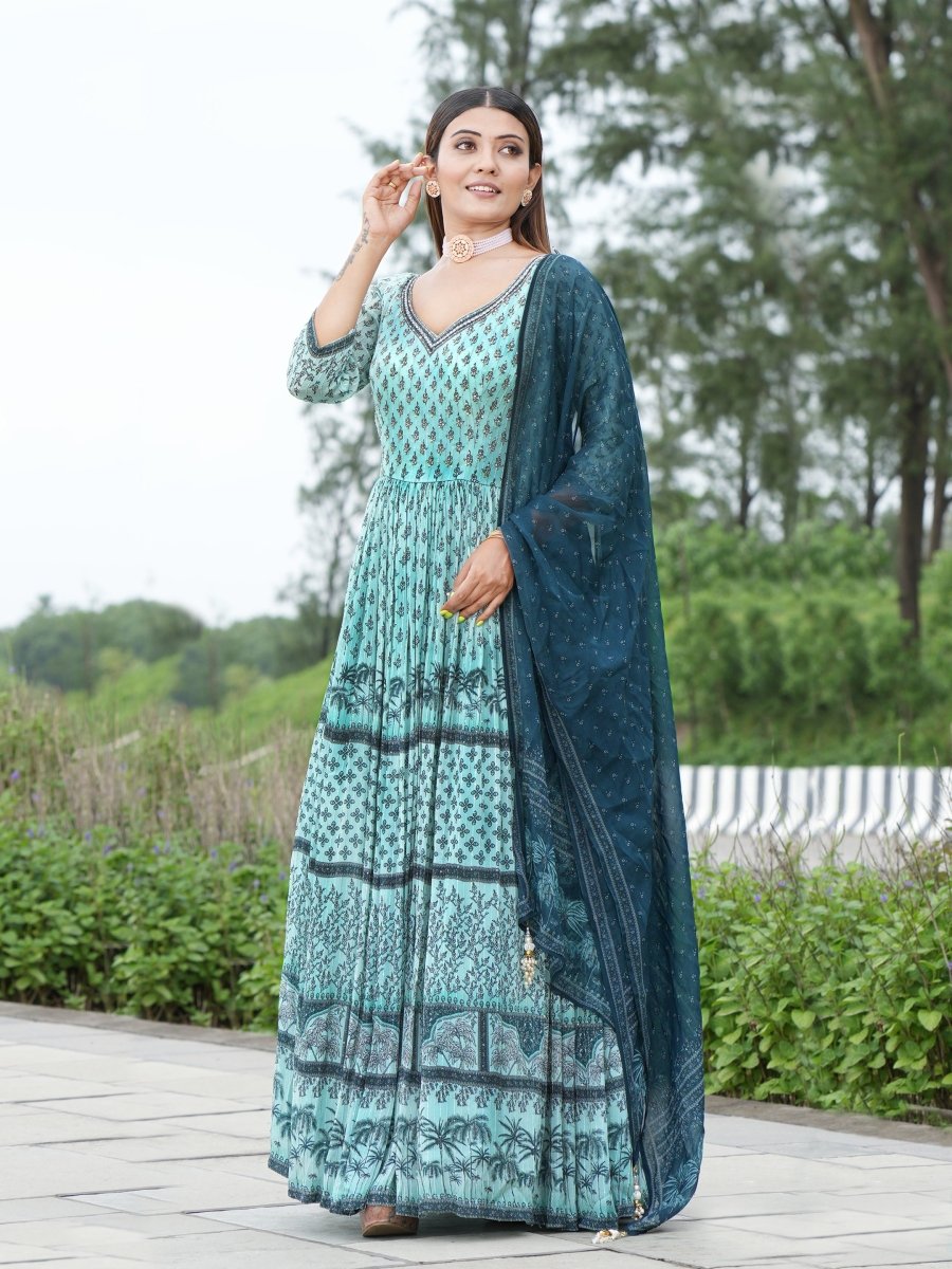 Sky Blue Chinon Anarkali Gown with Dark Blue Dupatta - CLOHI