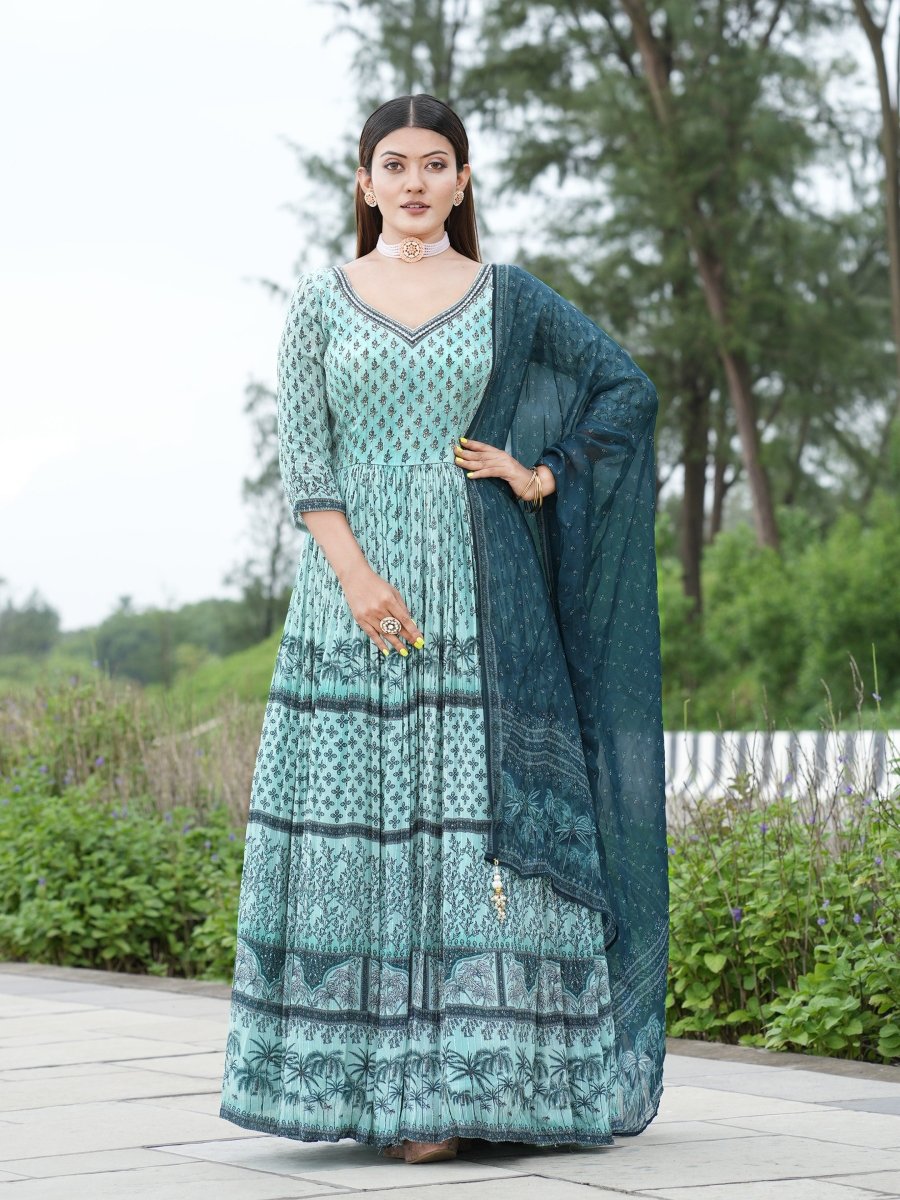 Sky Blue Chinon Anarkali Gown with Dark Blue Dupatta - CLOHI