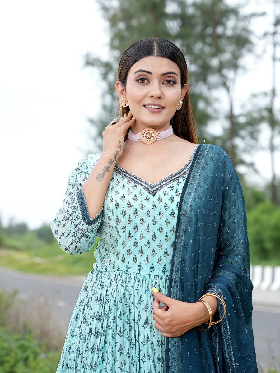 Sky Blue Chinon Anarkali Gown with Dark Blue Dupatta - CLOHI