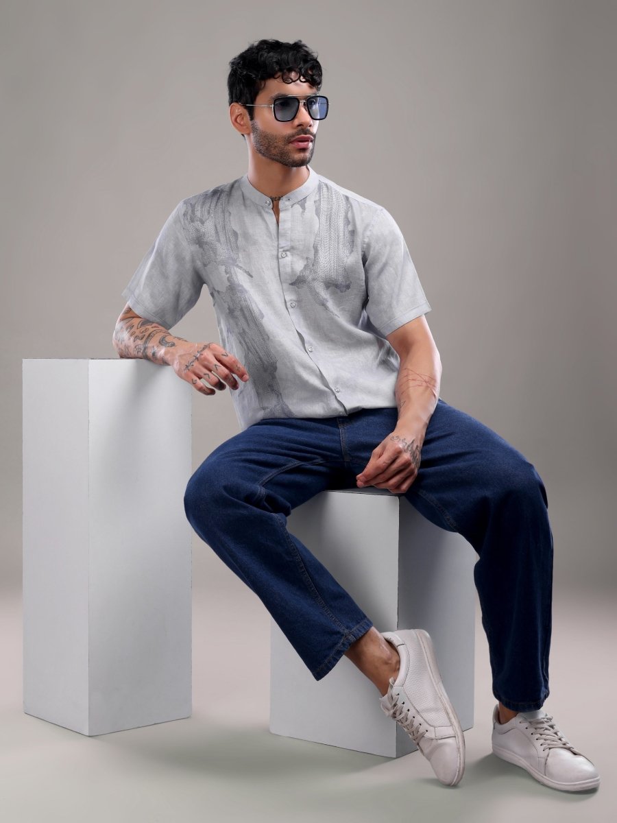 Sky Grey Pure Linen Shirt with Artistic Abstract Print - CLOHI