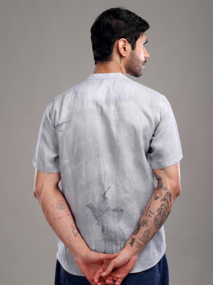 Sky Grey Pure Linen Shirt with Artistic Abstract Print - CLOHI