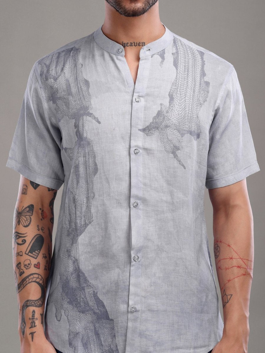 Sky Grey Pure Linen Shirt with Artistic Abstract Print - CLOHI