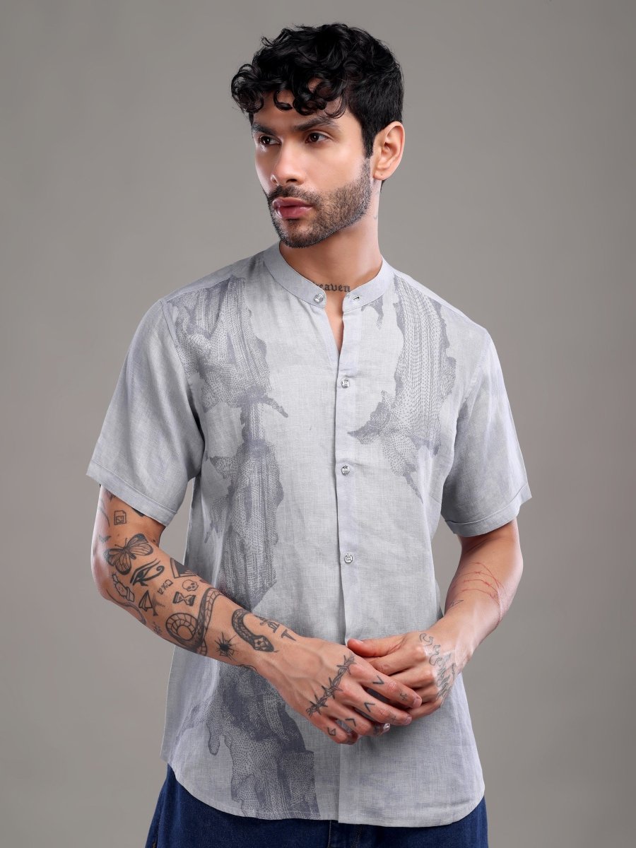 Sky Grey Pure Linen Shirt with Artistic Abstract Print - CLOHI