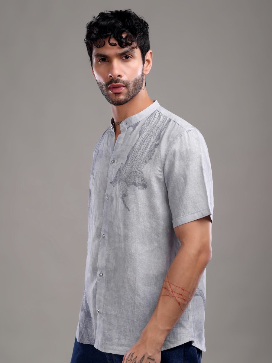 Sky Grey Pure Linen Shirt with Artistic Abstract Print - CLOHI