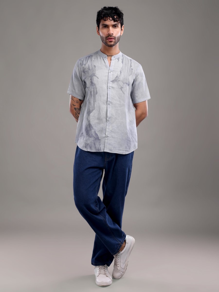 Sky Grey Pure Linen Shirt with Artistic Abstract Print - CLOHI