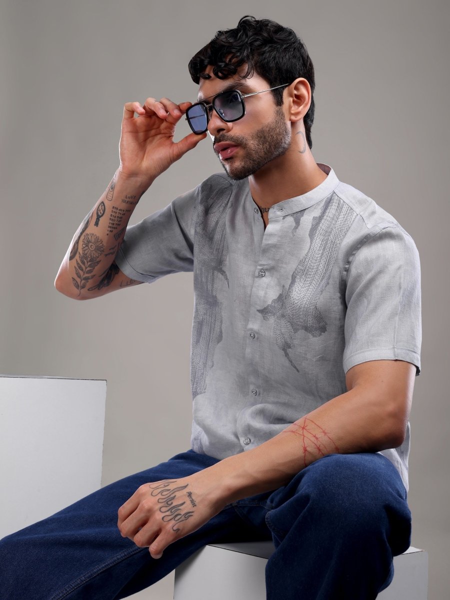 Sky Grey Pure Linen Shirt with Artistic Abstract Print - CLOHI
