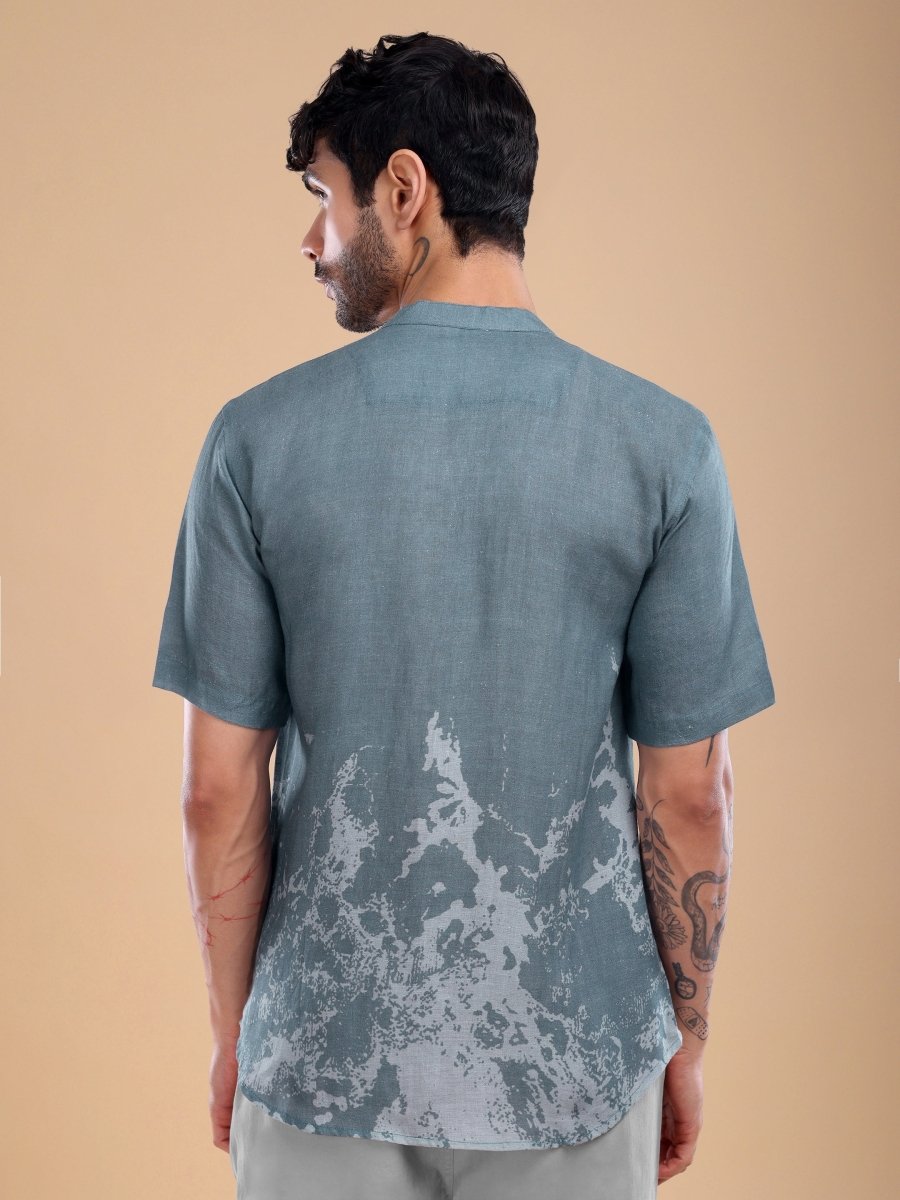 Slate Blue Marble Wash Pure Linen Short Shirt - CLOHI