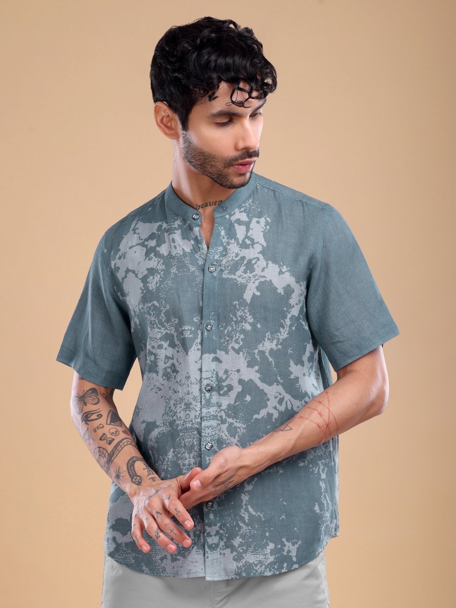 Slate Blue Marble Wash Pure Linen Short Shirt - CLOHI