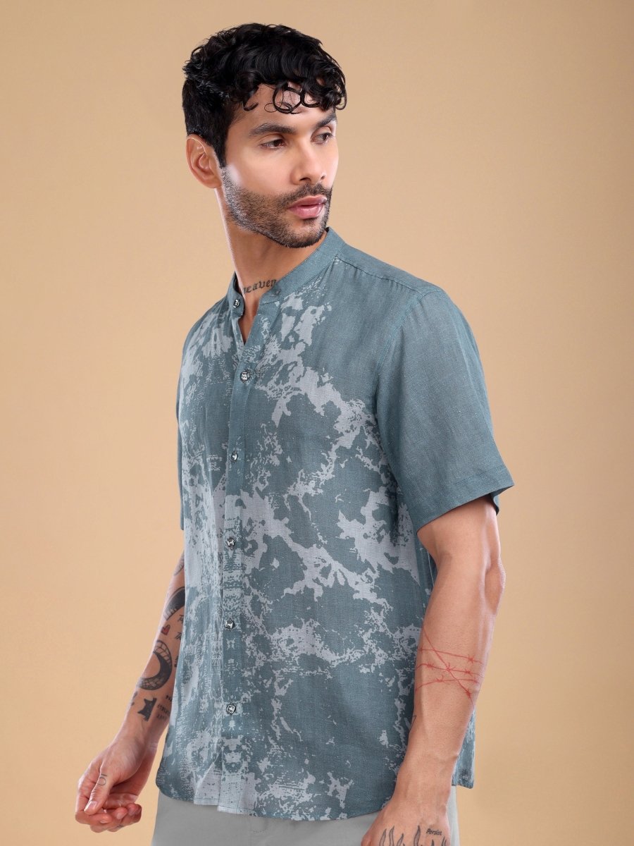 Slate Blue Marble Wash Pure Linen Short Shirt - CLOHI