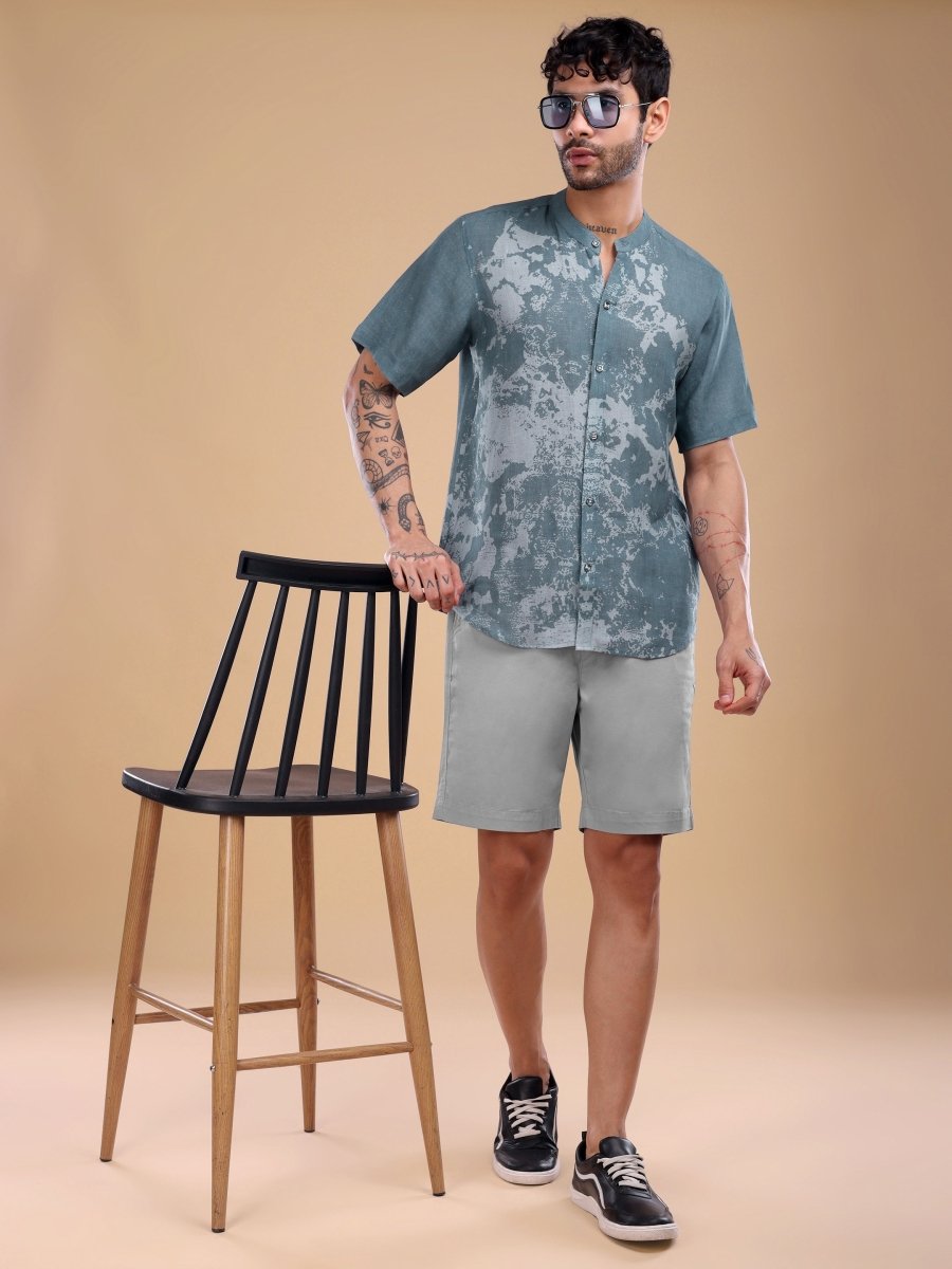 Slate Blue Marble Wash Pure Linen Short Shirt - CLOHI