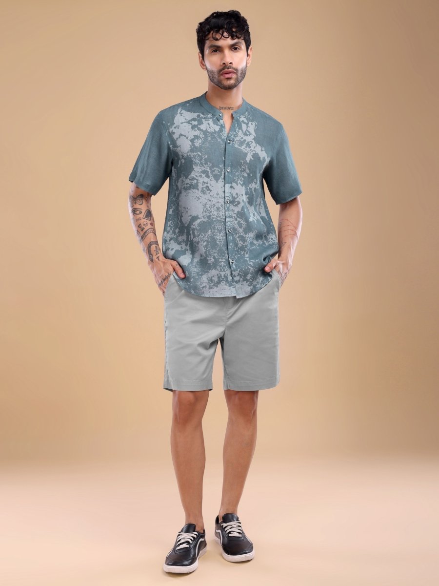 Slate Blue Marble Wash Pure Linen Short Shirt - CLOHI