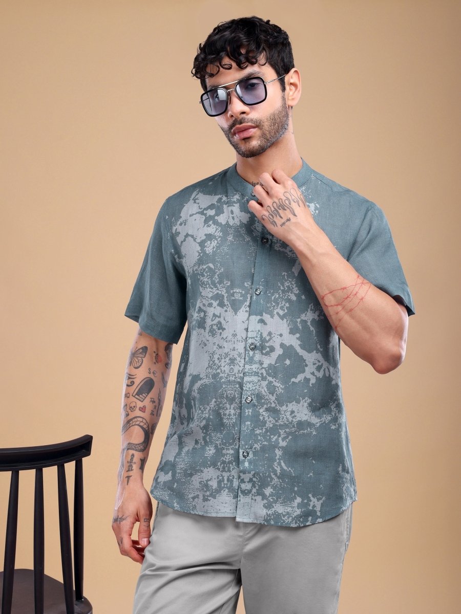 Slate Blue Marble Wash Pure Linen Short Shirt - CLOHI