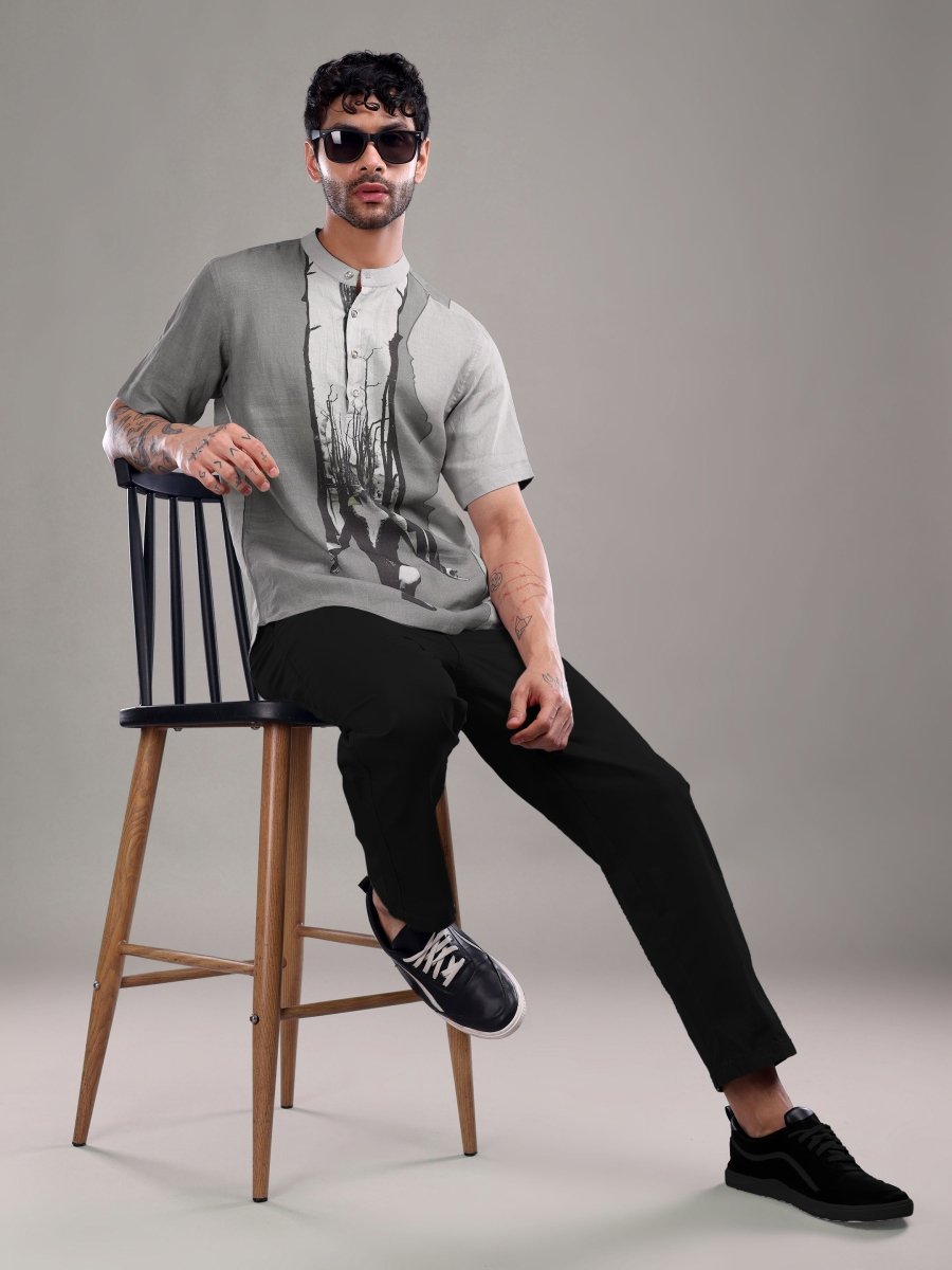 Surreal Forest Art Print Pure Linen Shirt – Cool Grey - CLOHI