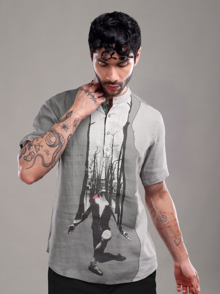 Surreal Forest Art Print Pure Linen Shirt – Cool Grey - CLOHI