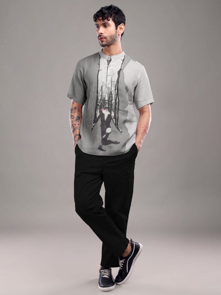 Surreal Forest Art Print Pure Linen Shirt – Cool Grey - CLOHI